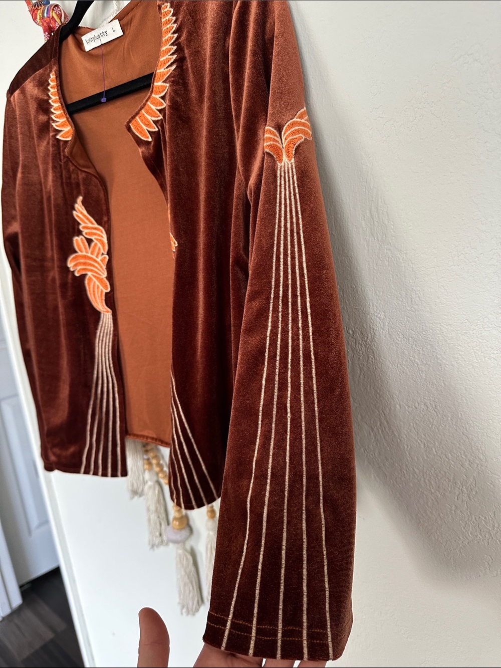 Rust Velvet Embroidered Open-Front Jacket - Picture 2 of 3